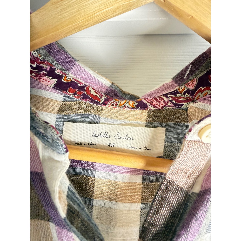 Isabella Sinclair Plaid Shirt Womens XS Purple Tan Lace Back Button Down Blouse - Picture 2 of 9